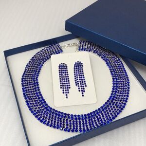 New Royal Blue Crystal Necklace & Earrings Set Multi Row Dangle For Pierced Ears
